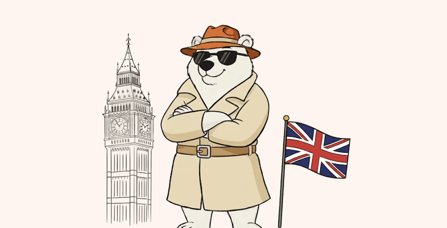 Illustration of a bear with the UK flag and Big Ben on the background
