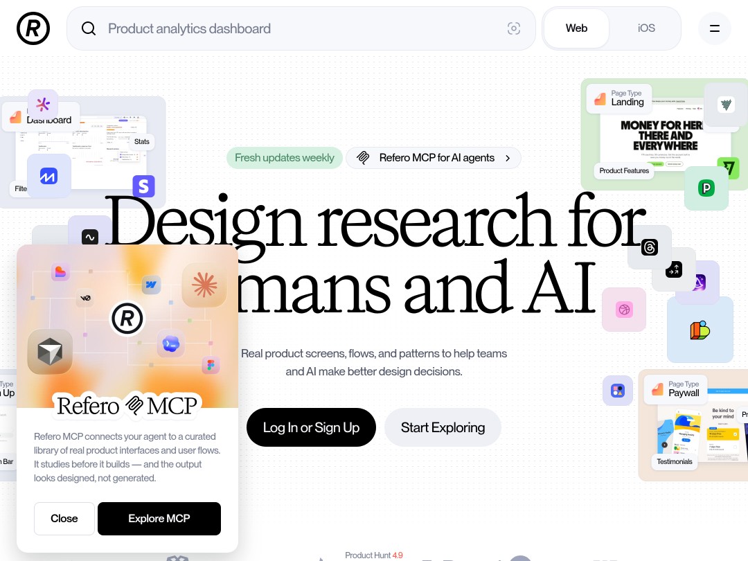 "Design research for humans and AI" with interface icons and features.