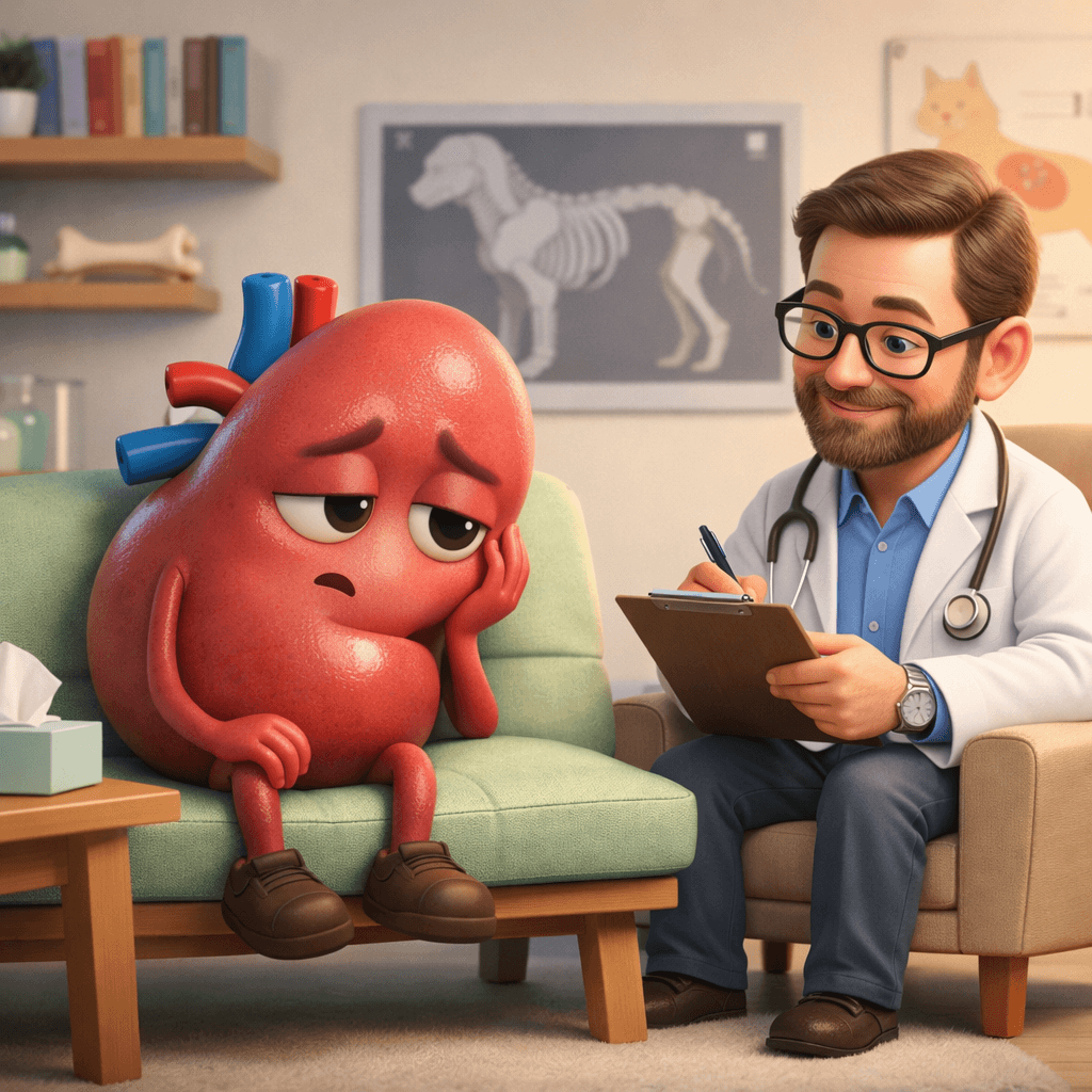 Ilustração de um rim de pet em um consultório de terapia representando a importância do acompanhamento da saúde renal em cães e gatos.