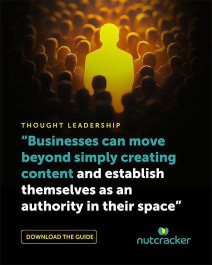 An image of a glowing individual  in a crowd who is inspiring and illuminating those around them symbolising thought leadership in business with a matching quote from the guide “Businesses can move beyond simply creating content and establish themselves as an authority in their space”