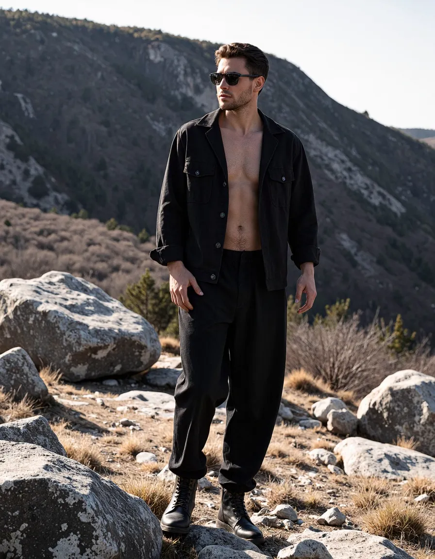 Man in black outfit and sunglasses standing on rocky desert terrain with mountain backdrop