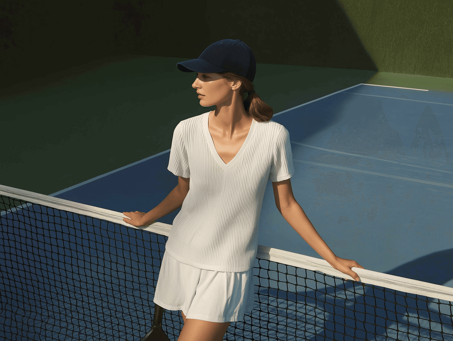 Stylish woman in white tennis attire leans