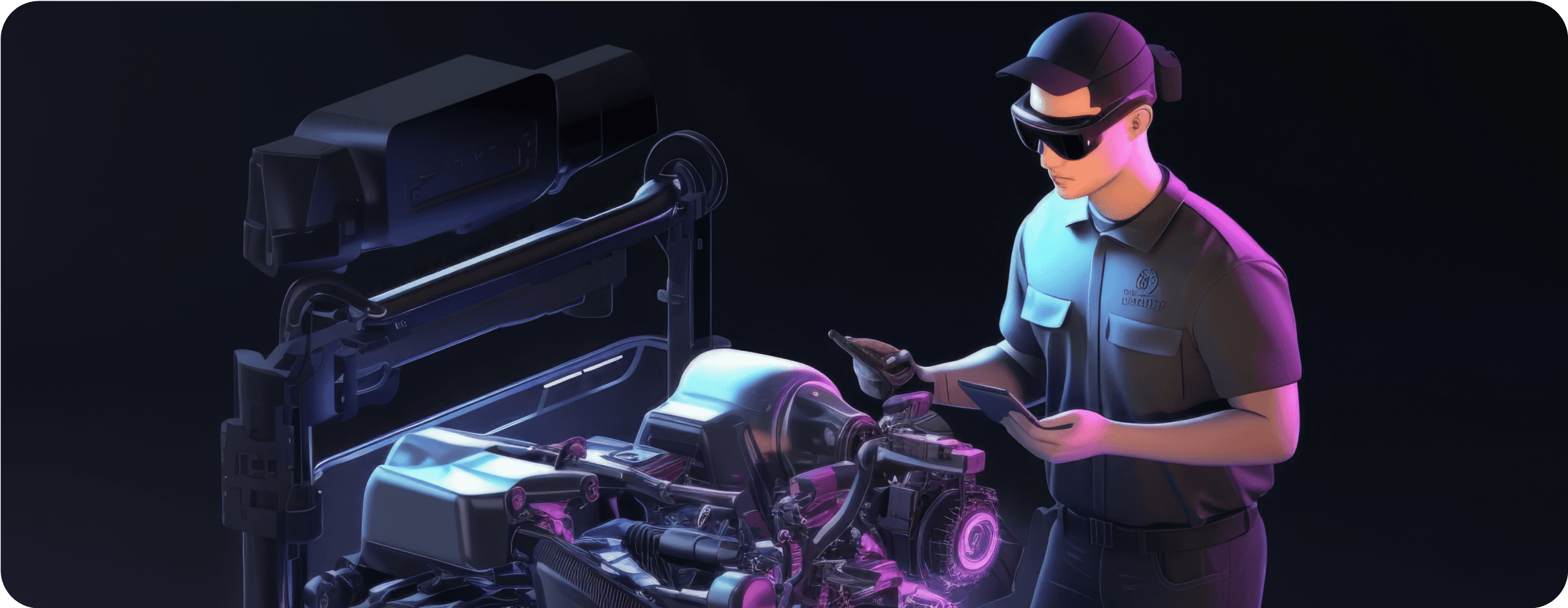 3D digital illustration of a technician using AI-powered tools and a tablet to optimize a machine, symbolizing user experience (UX) personalization through artificial intelligence