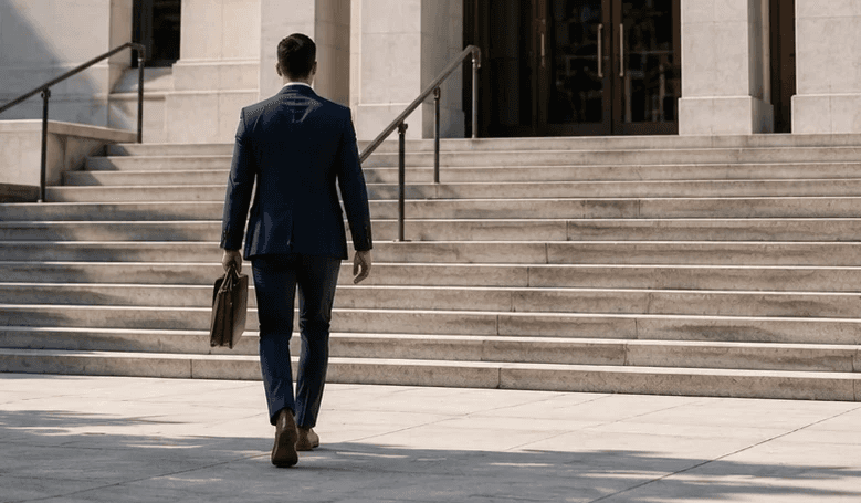 Individual approaching an Ontario courthouse representing successful Small Claims Court claims, settlements, and civil dispute resolution.