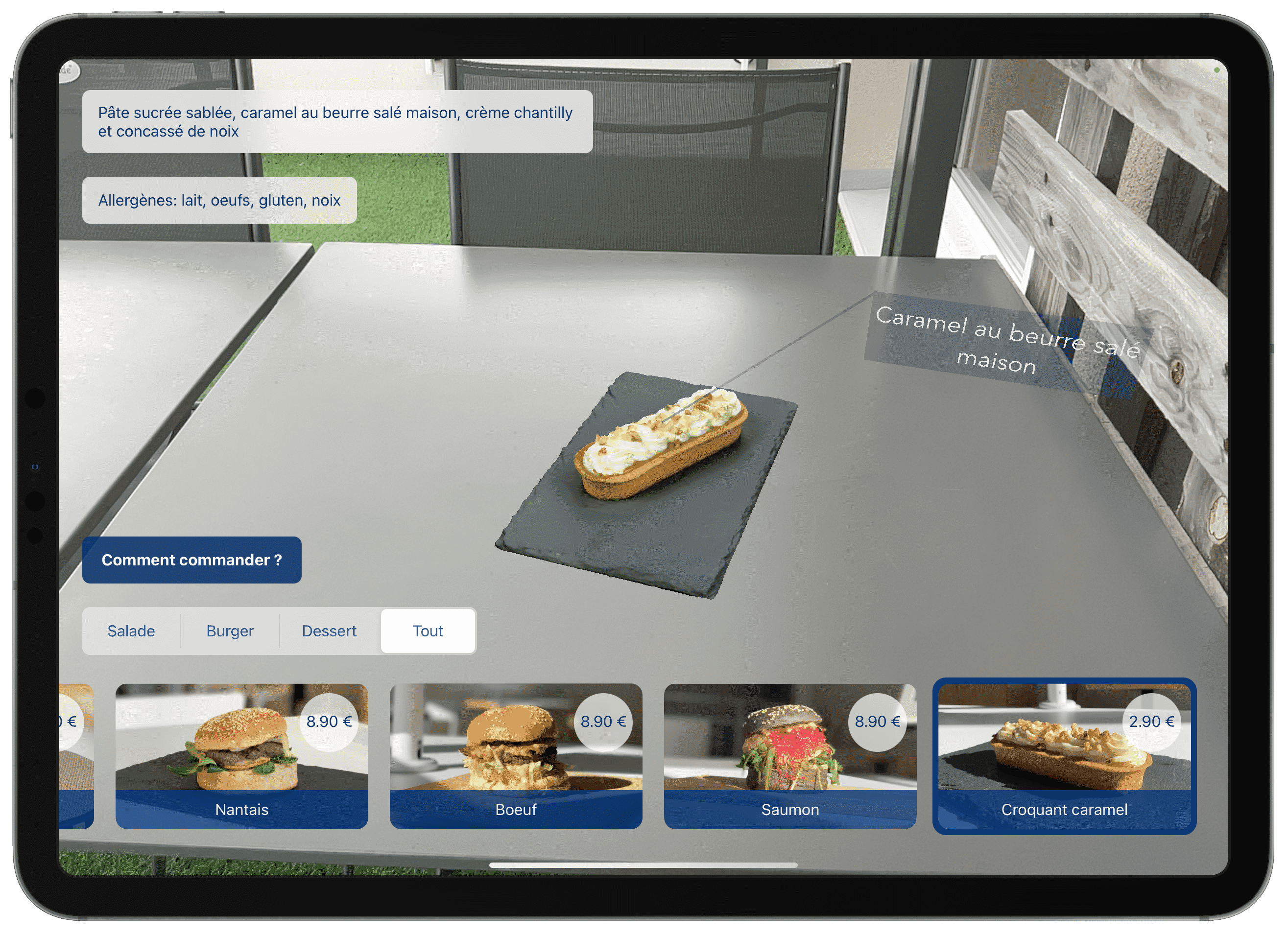 Interface d'une application de réalité augmentée pour la restauration sur iPad, affichant des plats virtuels en 3D, des informations détaillées sur les menus et des options interactives.