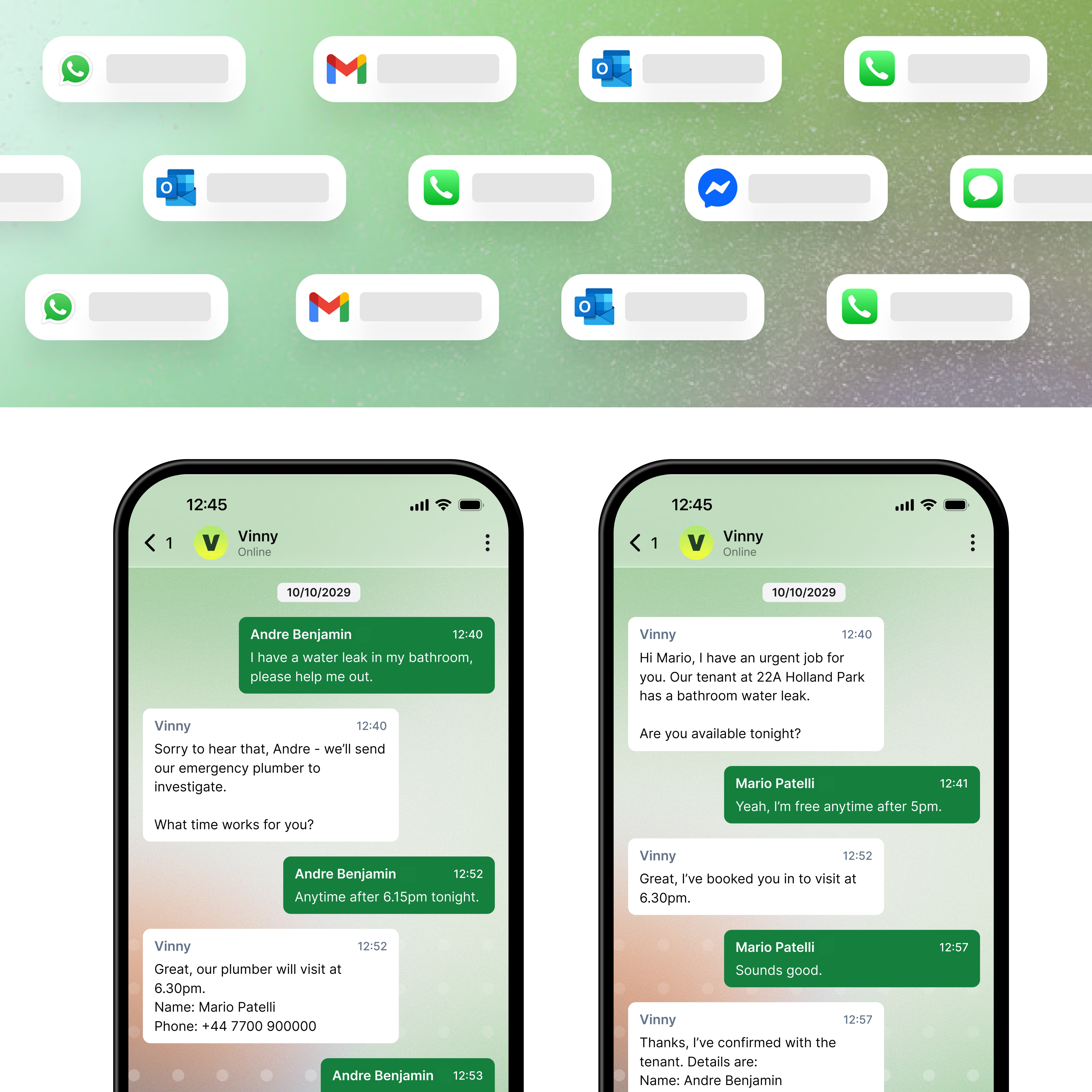 Graphic showing Vinny handling a resident maintenance request. The top section displays various connected messaging channels such as WhatsApp, Gmail, Outlook, and Messenger. Below, a resident message says, ‘Help, I have a water leak!!’ Vinny replies in a green chat bubble: ‘Sorry to hear that, Rory — let’s get our emergency plumber booked to come and take a look. Please pick a time that works for you.’ On the right, a Vinny-branded scheduling calendar shows available appointment slots for the resident to choose from.