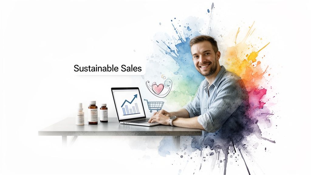 A smiling man works on a laptop showing sales growth, surrounded by colorful watercolor splashes, with products on a desk.