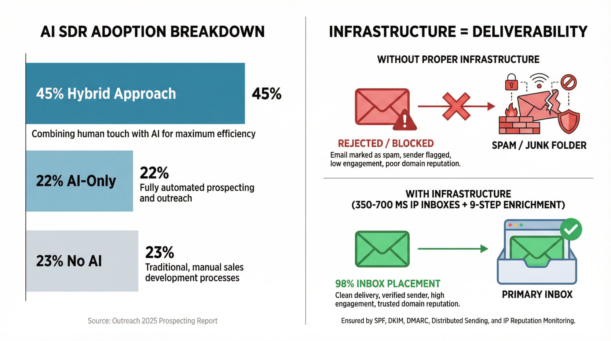 Market adoption chart showing 45% hybrid, 22% AI-only, 23% no AI; with side-by-side comparison of email infrastructure impact on deliverability outcomes
