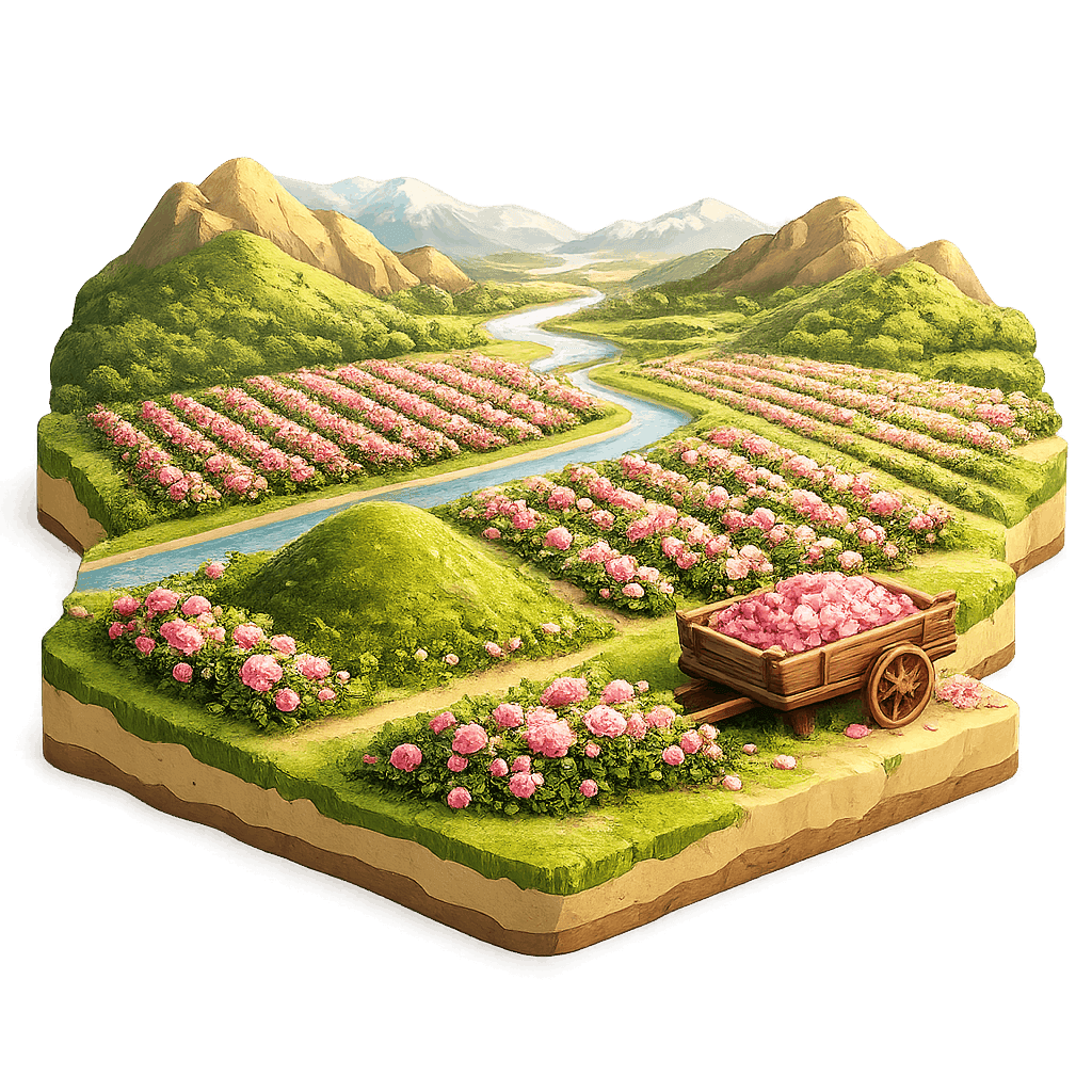 Artistic illustration of the Rose Valley wine region.