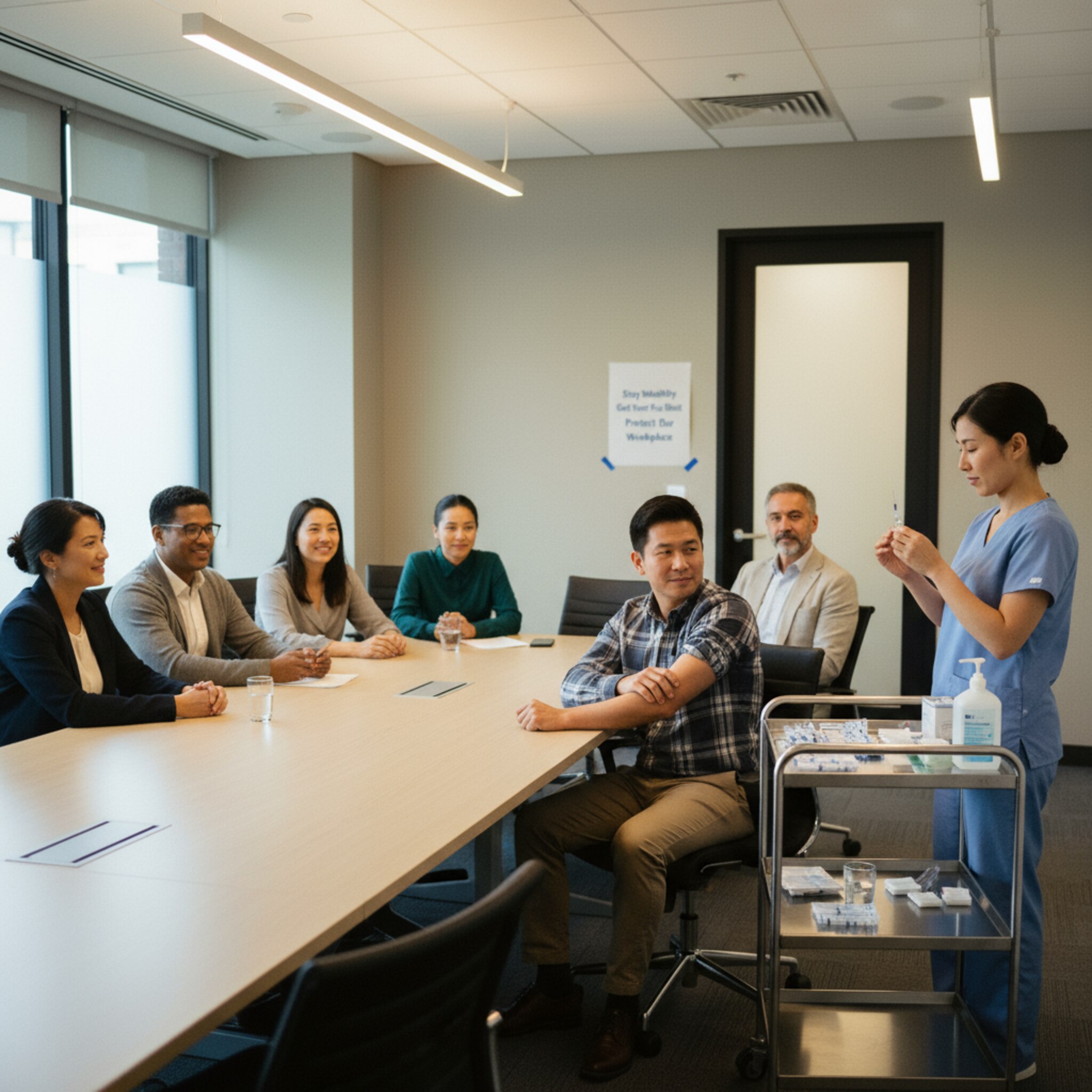 In einem Konferenzraum der Firma sitzen Mitarbeitende locker verteilt, die Ärztin bereitet eine Grippeimpfung vor. Ein Tablett mit Spritzen liegt neben Pflastern und Desinfektion. Gedämpftes Licht und leises Murmeln schaffen eine entspannte Atmosphäre. Ein dezentes Hygieneplakat hängt an der Tür. Die Stimmung ist geordnet, freundlich und zugewandt.