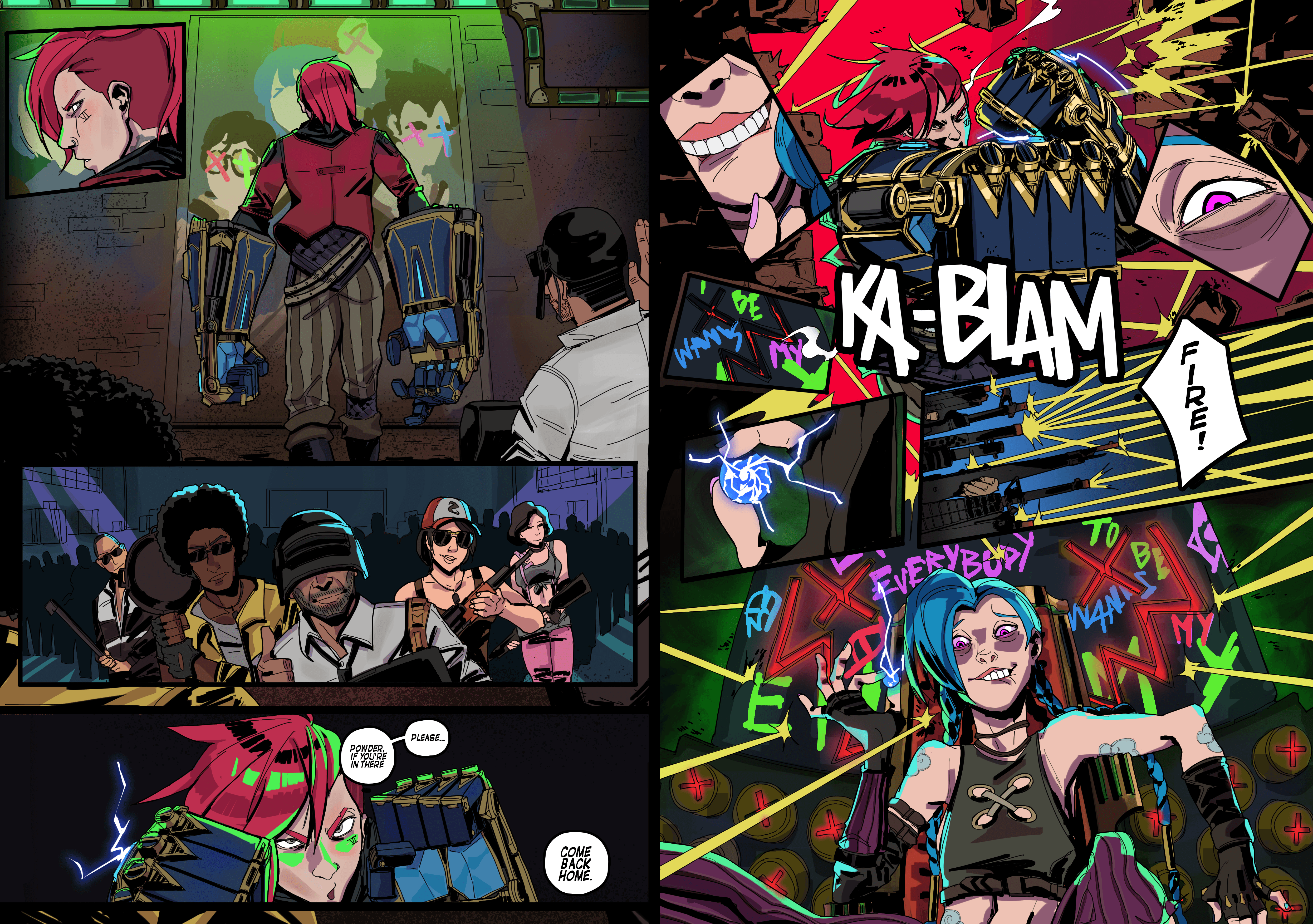 colored comic book illustration of jinx and vi from the arcane series. A dynamic shot of Vi punching a wall, with the bricks flying across. Inside the bricks are closeup shots of Jinx, her eye and face, with the bottom panel being a full body shot of her wittingly sitting being a giant bomb