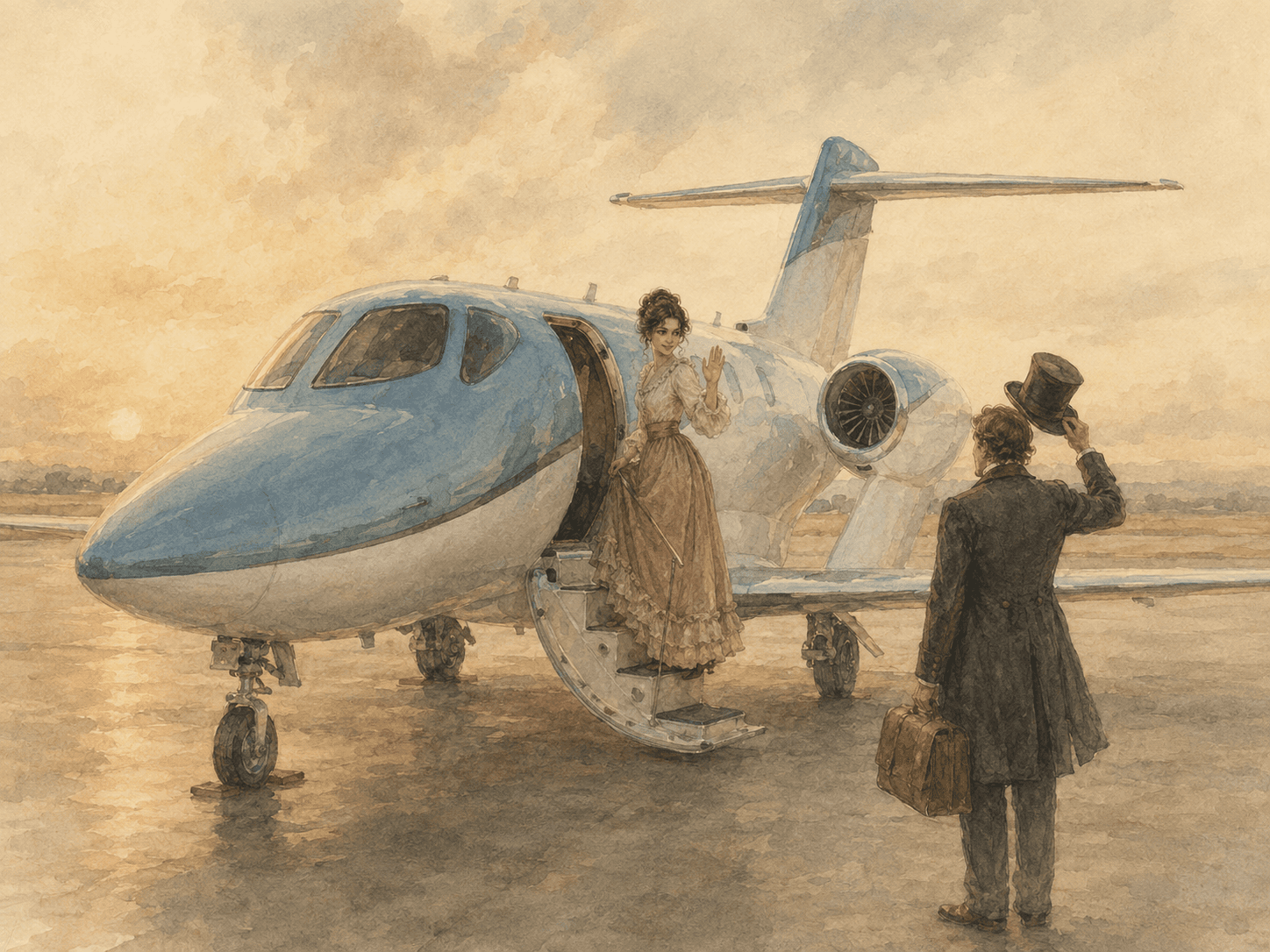 A Victorian woman boarding a jet.