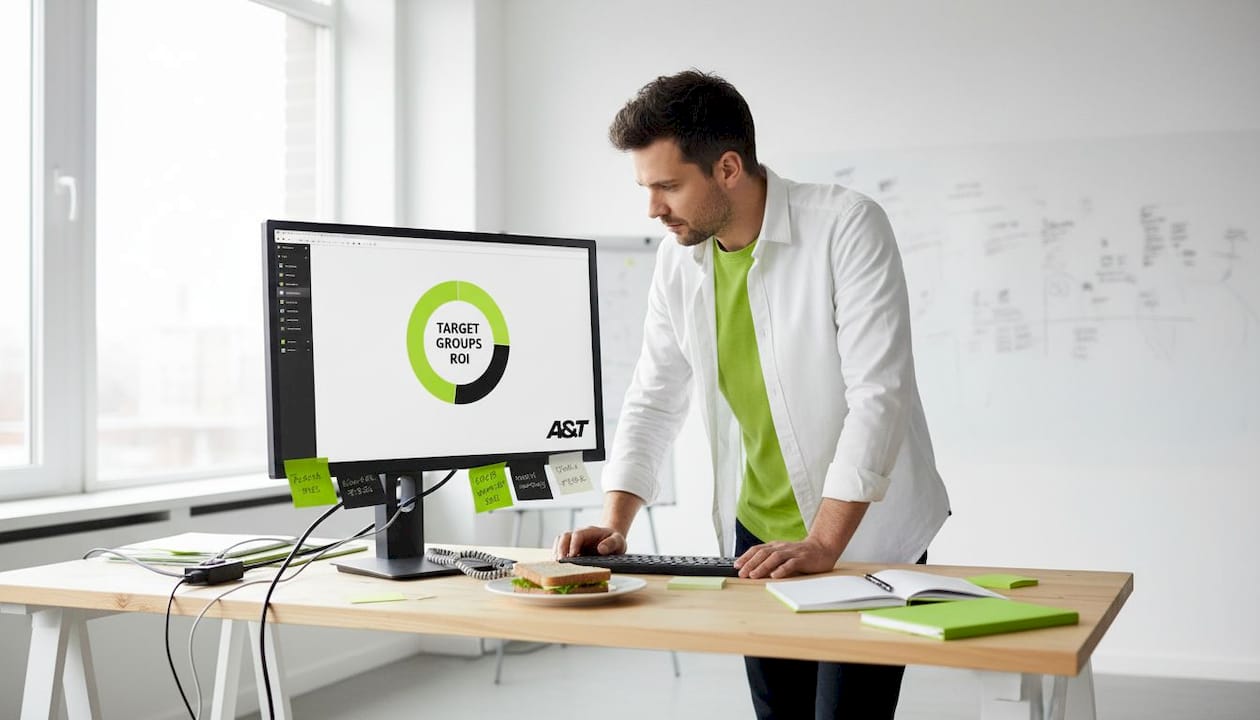 Digital marketer segmenting audiences at cluttered desk