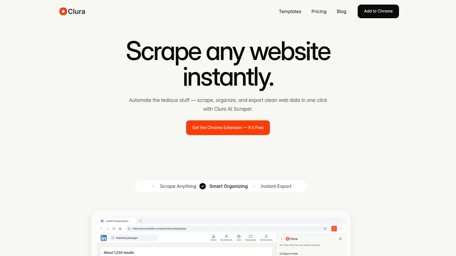 Clura's Chrome extension showing a one-click data extraction process on a website.