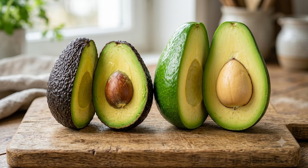 A close-up photograph comparing a dark, bumpy Hass avocado and a large, smooth, bright green Florida avocado, both cut in half on a rustic wooden cutting board to show the seeds and internal flesh.