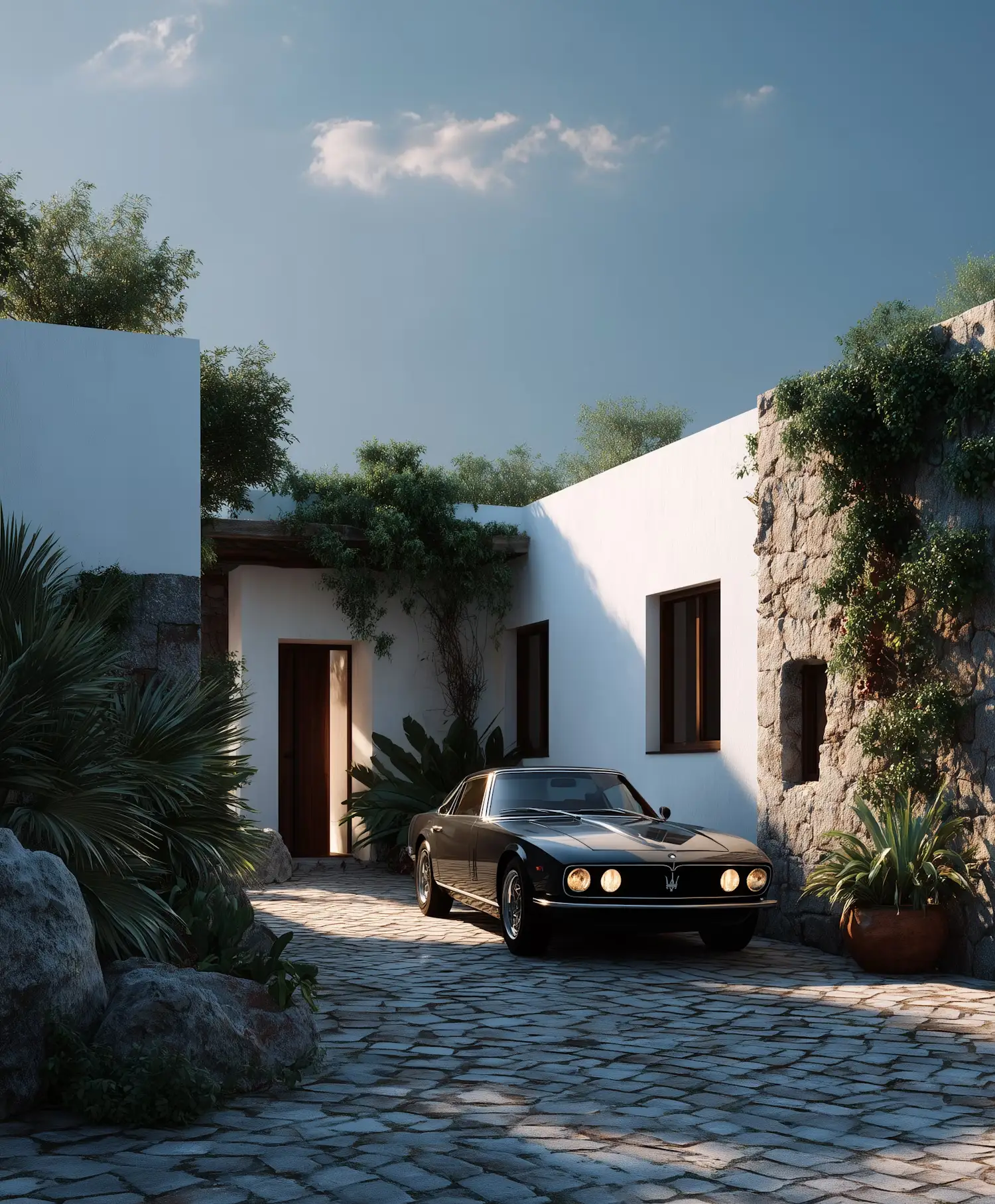 Black vintage car parked outside a Mediterranean stone house.