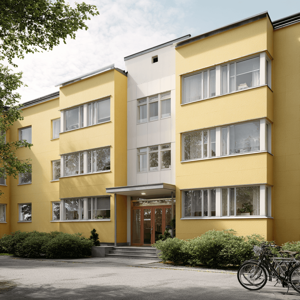 Kolmikerroksinen rapattu keltainen talo.