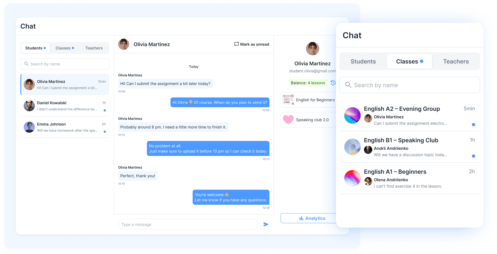 Built-in chat for language schools in edio — messaging with students, teachers and class groups in one platform