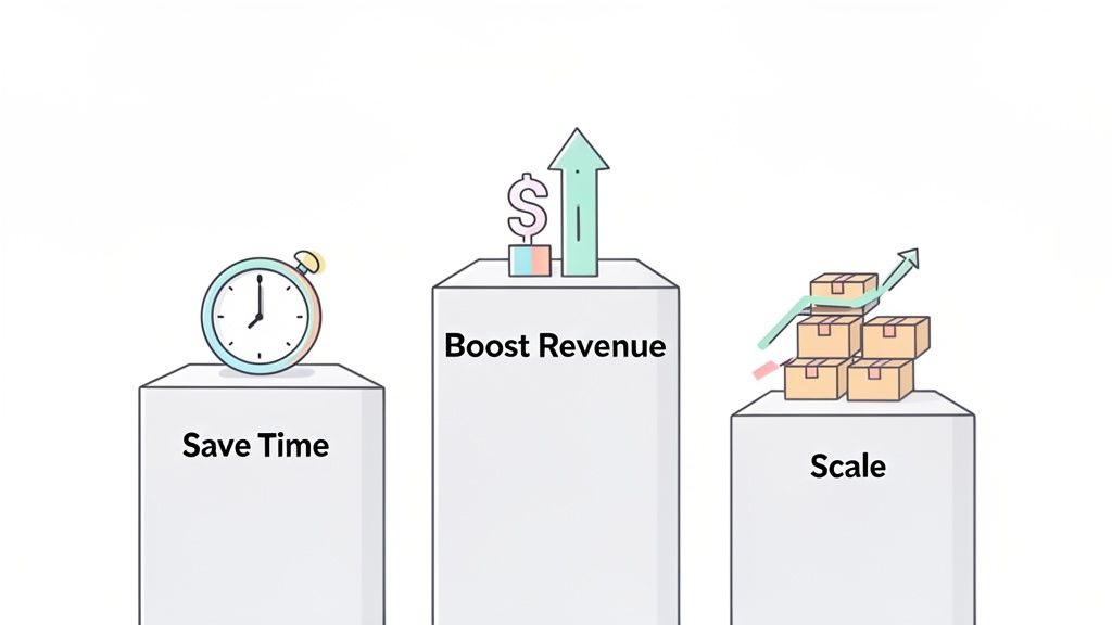 Three pedestals symbolizing business benefits: saving time, boosting revenue, and scaling operations.