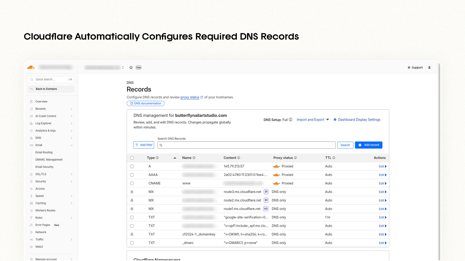 Cloudflare DNS records for email routing and domain verification