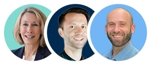 Three headshots in circles. Woman in blazer, man in dark shirt, smiling man in collared shirt.