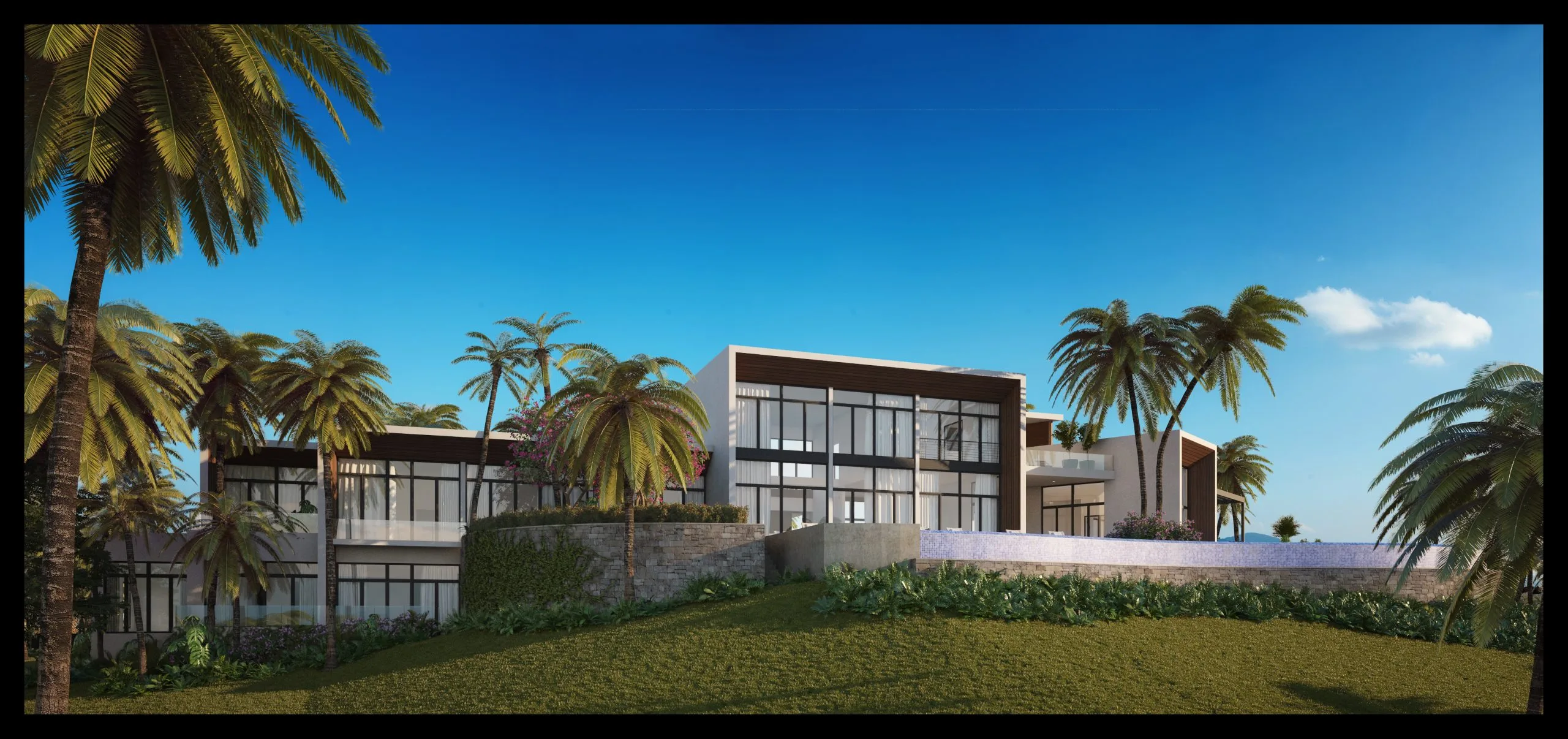 Multi-level hillside residence with floor-to-ceiling glazing and tropical landscaping, St. Lucia