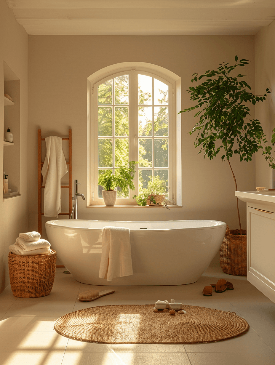 Modernes, frisch renoviertes Badezimmer mit freistehender Badewanne, warmem Sonnenlicht und natürlichen Materialien – hochwertige Renovierung durch Leckebusch Renovierung & Reparatur in Essen.