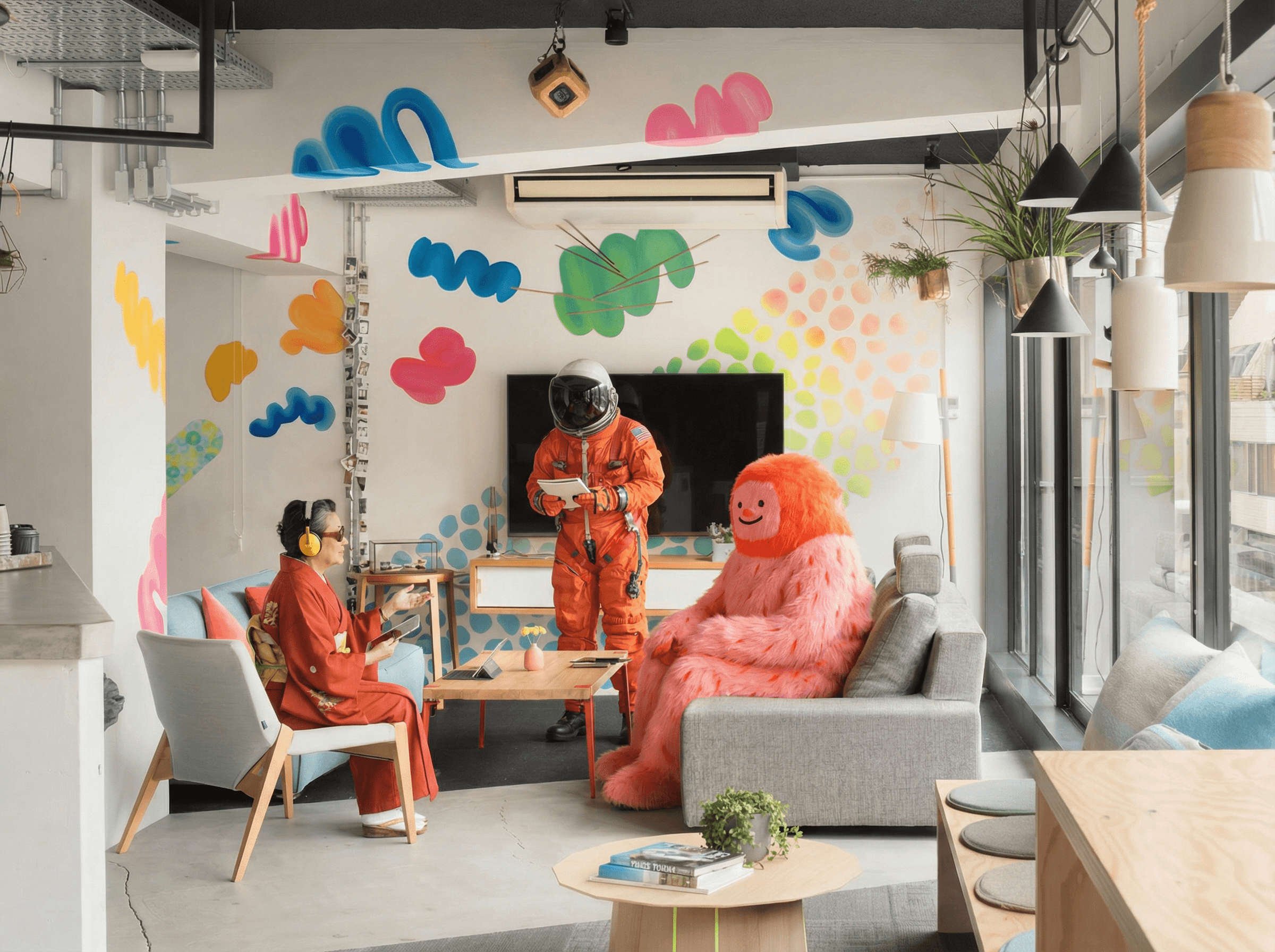 Black and white photo of two people looking at a computer screen with papers on wall