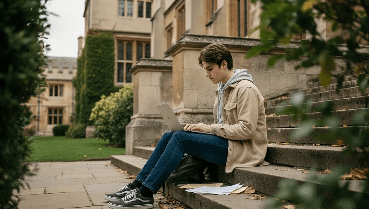 Lycéen travaillant sur sa candidature UCAS sur un campus universitaire britannique