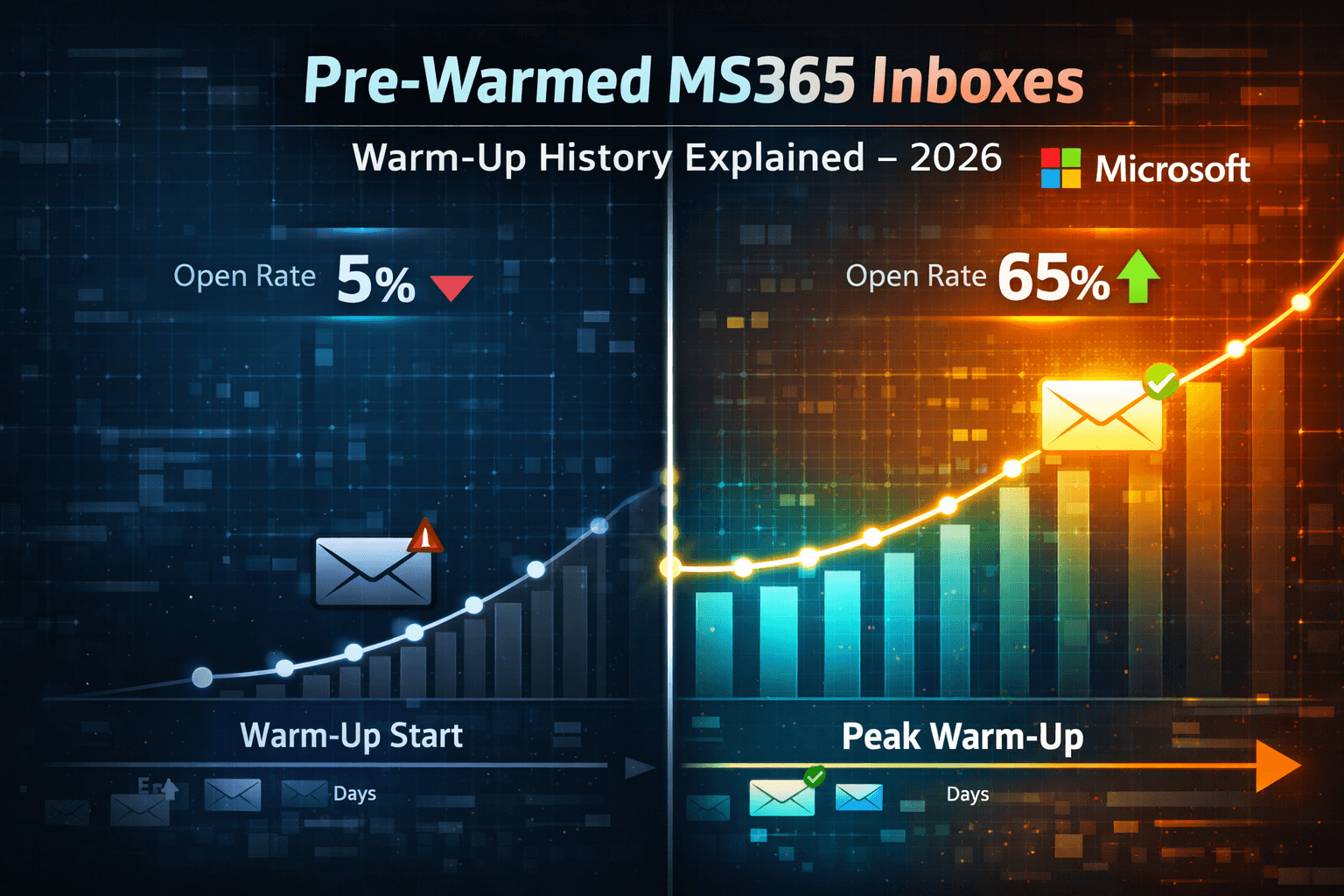 how pre-warmed inboxes improve cold email deliverability in 2026, featuring a laptop warming up email reputation, rising graph, envelopes with checkmarks, and a rocket symbolizing improved performance.