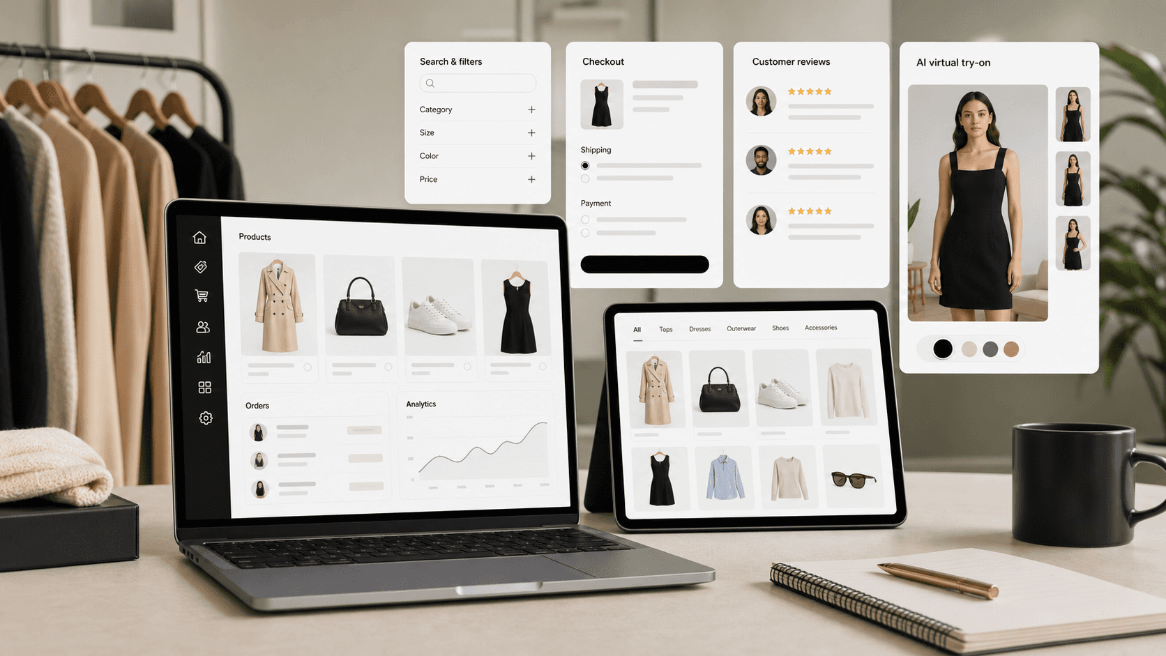 Dashboard-style view of Shopify fashion store features including checkout, reviews, search, analytics, and virtual try-on.