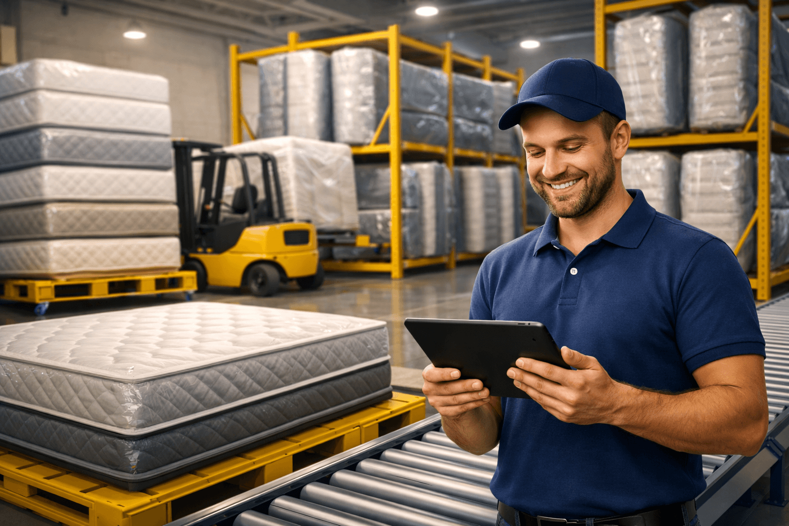 Homem em centro de distribuição de colchoaria segurando um tablet e organizando estoque de colchões embalados em galpão logístico com empilhadeira e prateleiras.