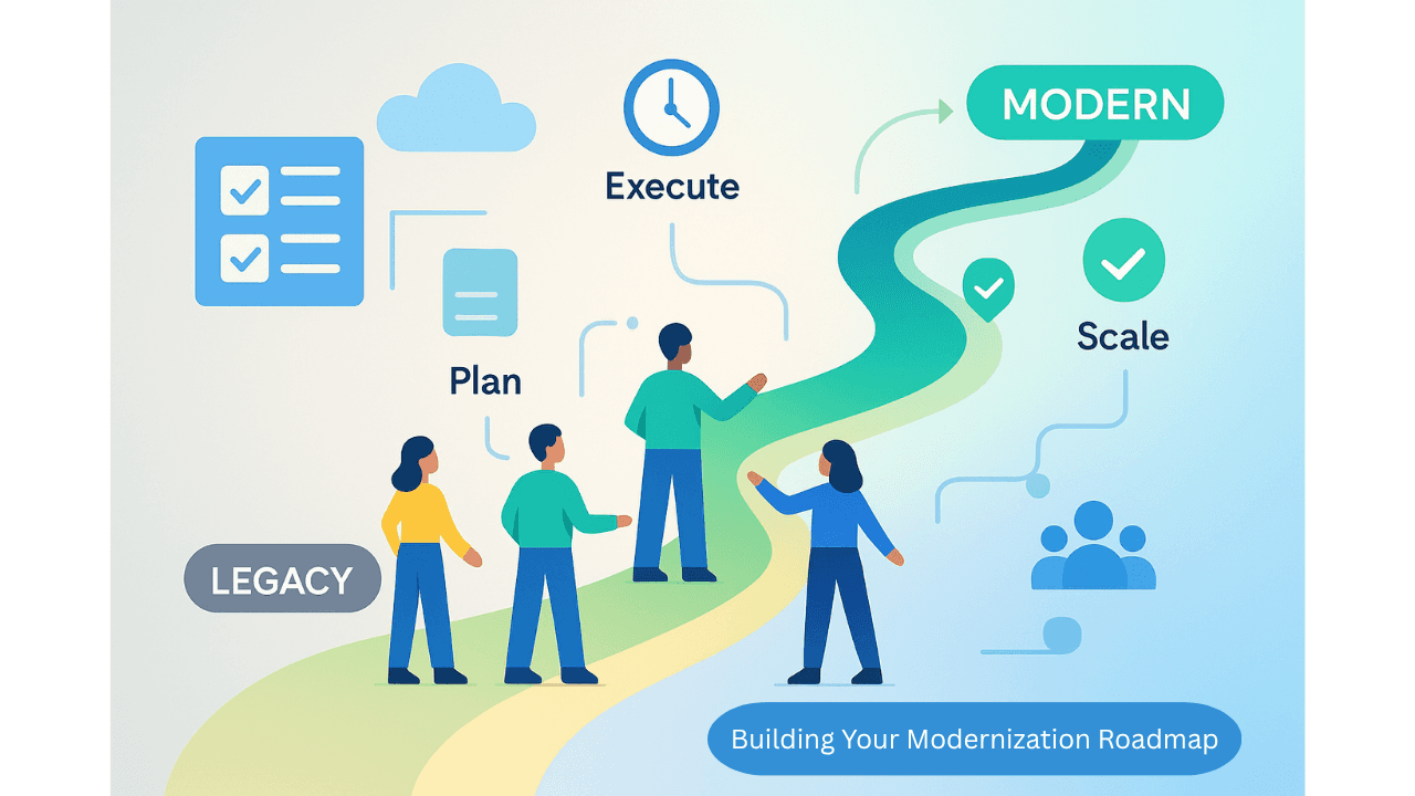 Google-style illustration of a digital roadmap with milestones labelled Assess, Plan, Execute, and Scale, showing teamwork icons, clocks, and clouds on a gradient path from grey to blue.