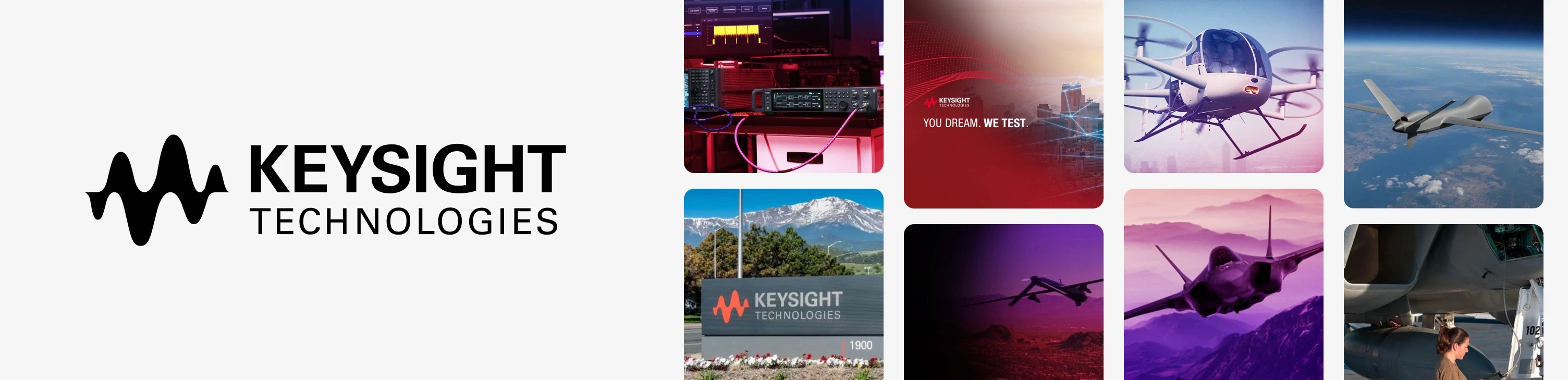 Keysight Technologies logo beside photographs of test and measurement equipment, an engineer at a laboratory bench, and the Keysight campus sign.
