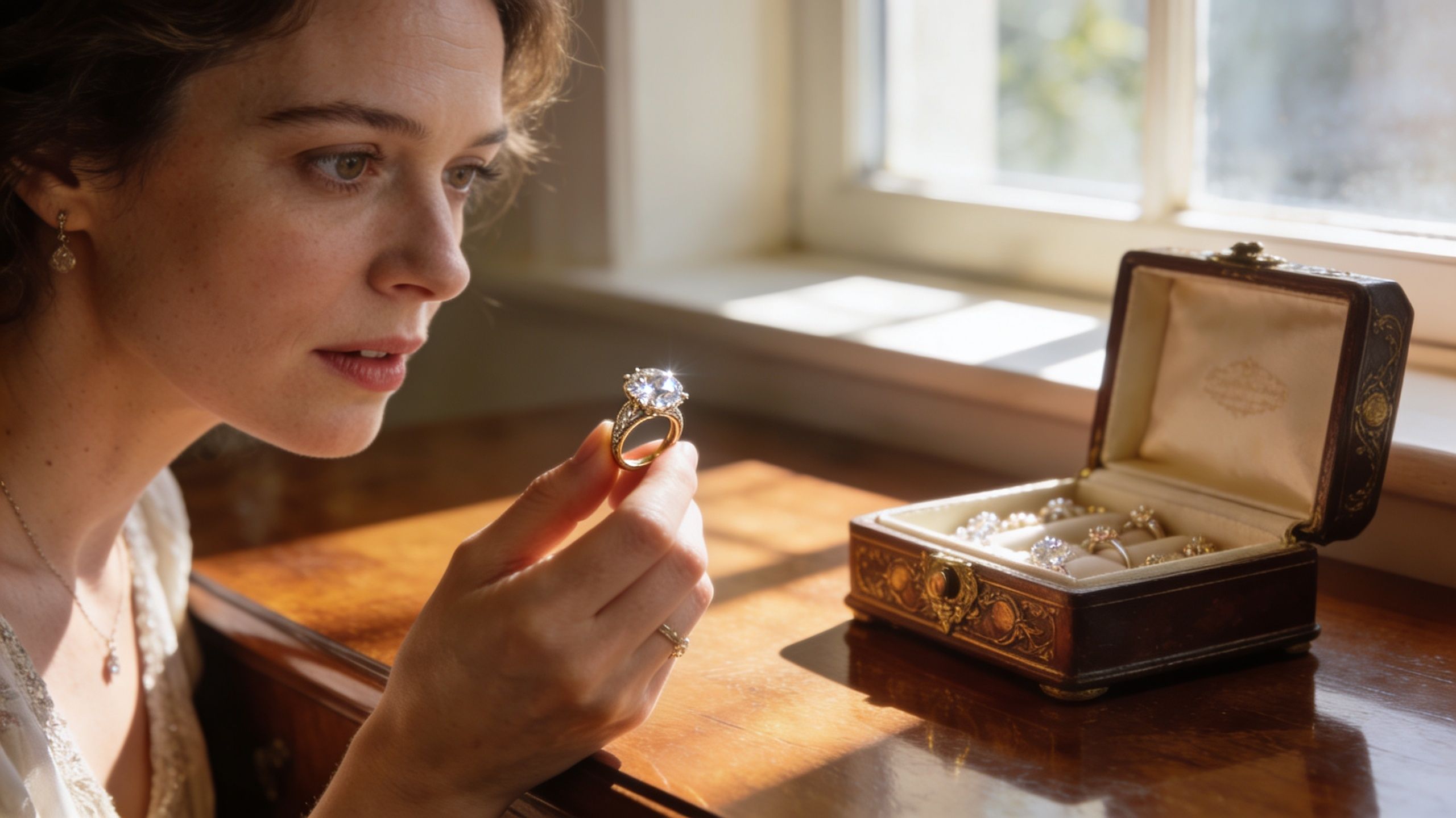A woman admiring a brilliant diamond engagement ring while holding it near an antique jewelry box.