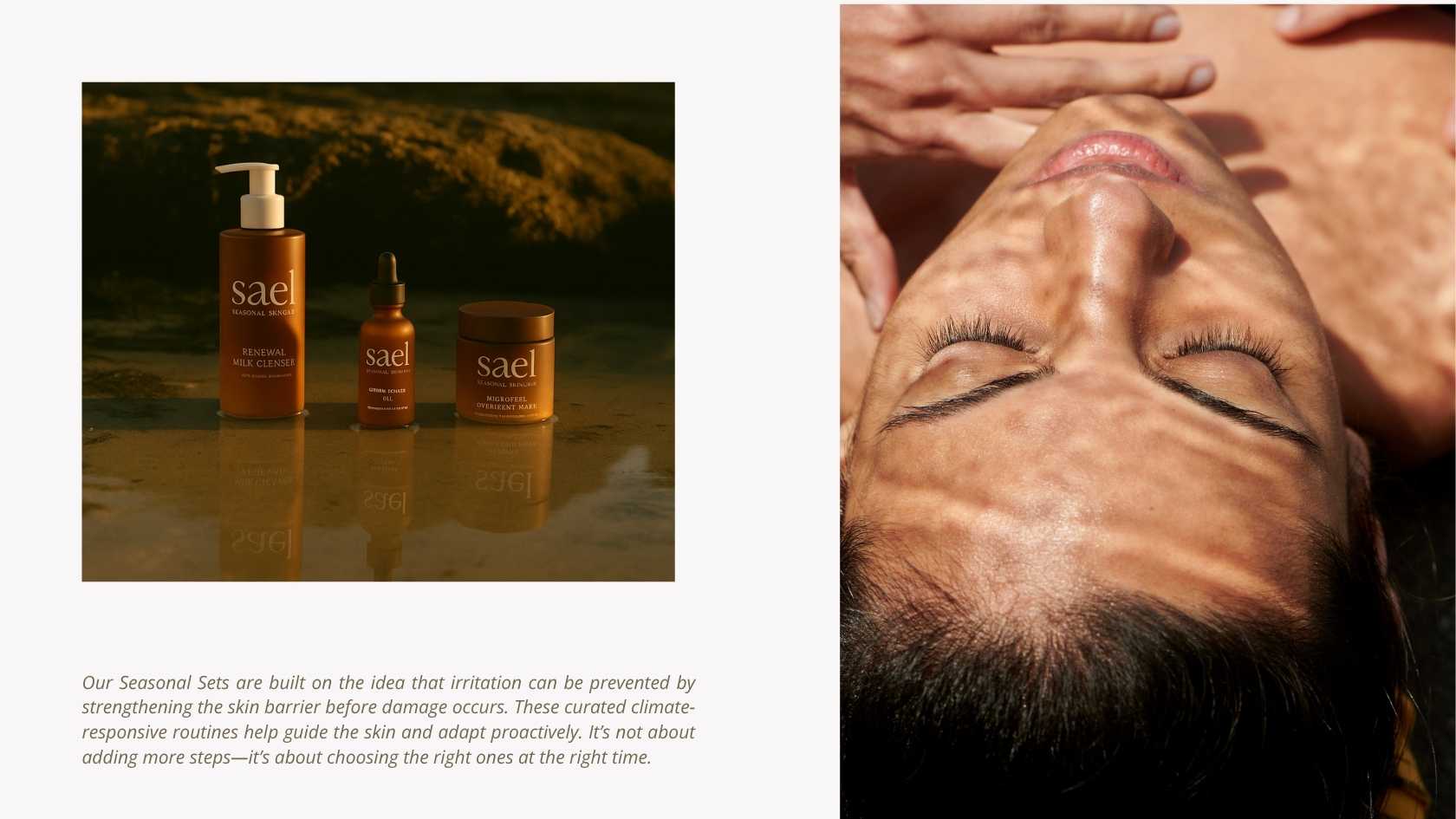 Sael Seasonal Skincare campaign image featuring a product lineup photographed in warm golden light beside a portrait of a woman lying in dappled sunlight, showing the brand’s seasonal, nature-led approach to skin nourishment.