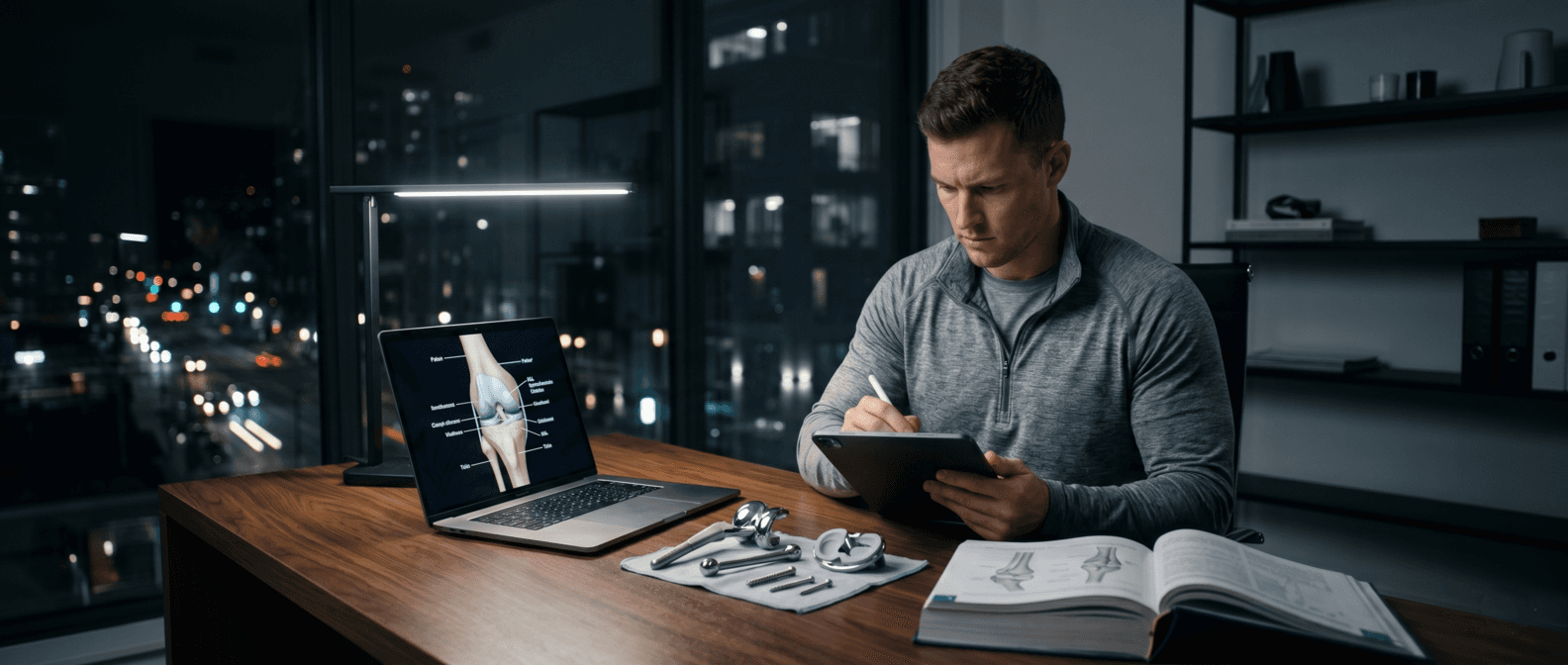 A former athlete going through a manual for a medical device