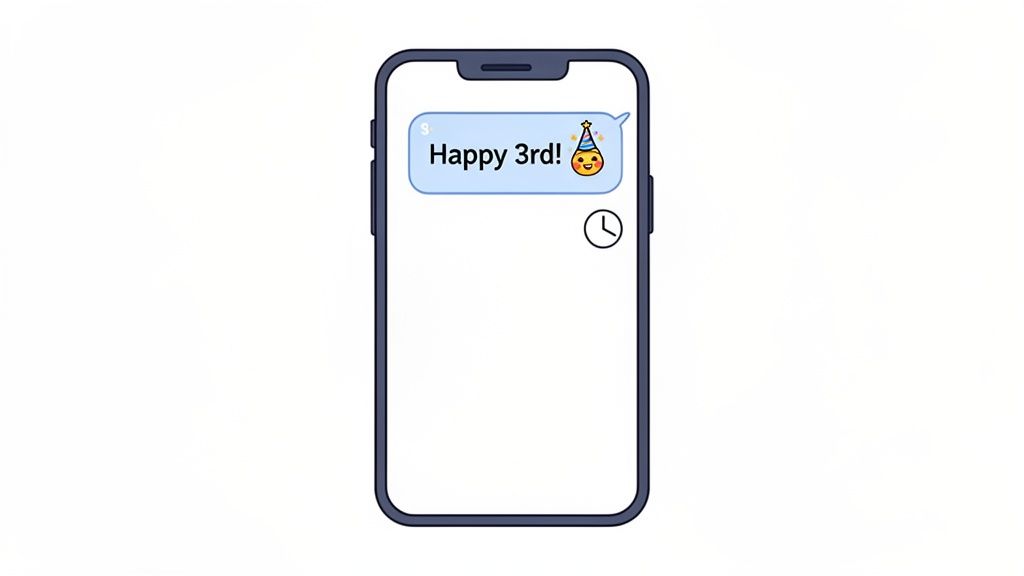 A smartphone screen displays a text message bubble reading 'Happy 3rd!' with a party hat emoji, alongside a clock icon.