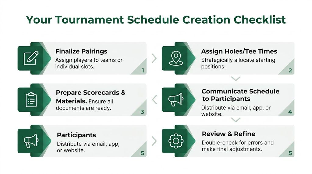 A six-step infographic checklist for organizing a golf tournament schedule, presented in a clean, professional design.