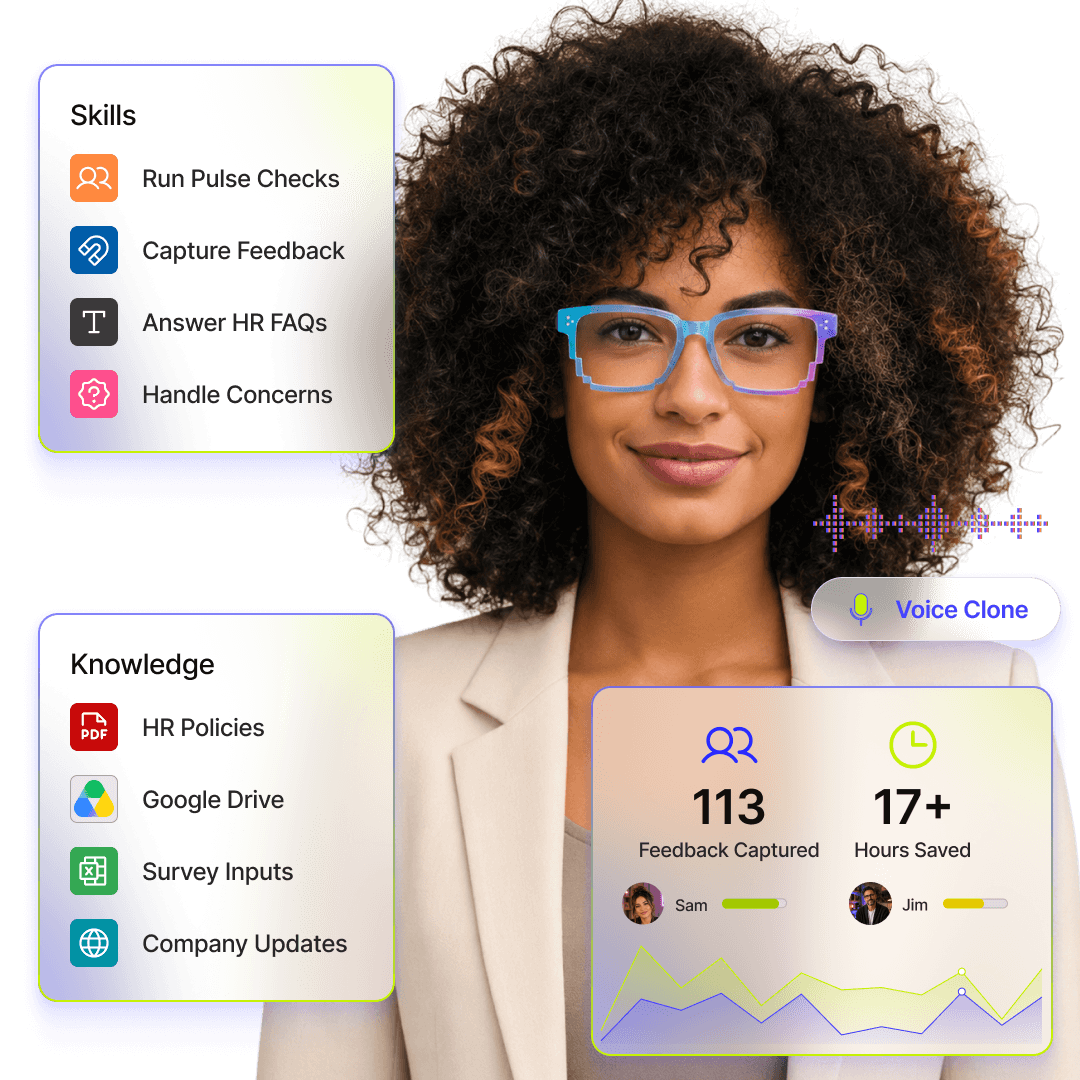 Employee Engagement Agent hero image showing pulse checks, feedback capture, HR FAQs, and employee sentiment insights.