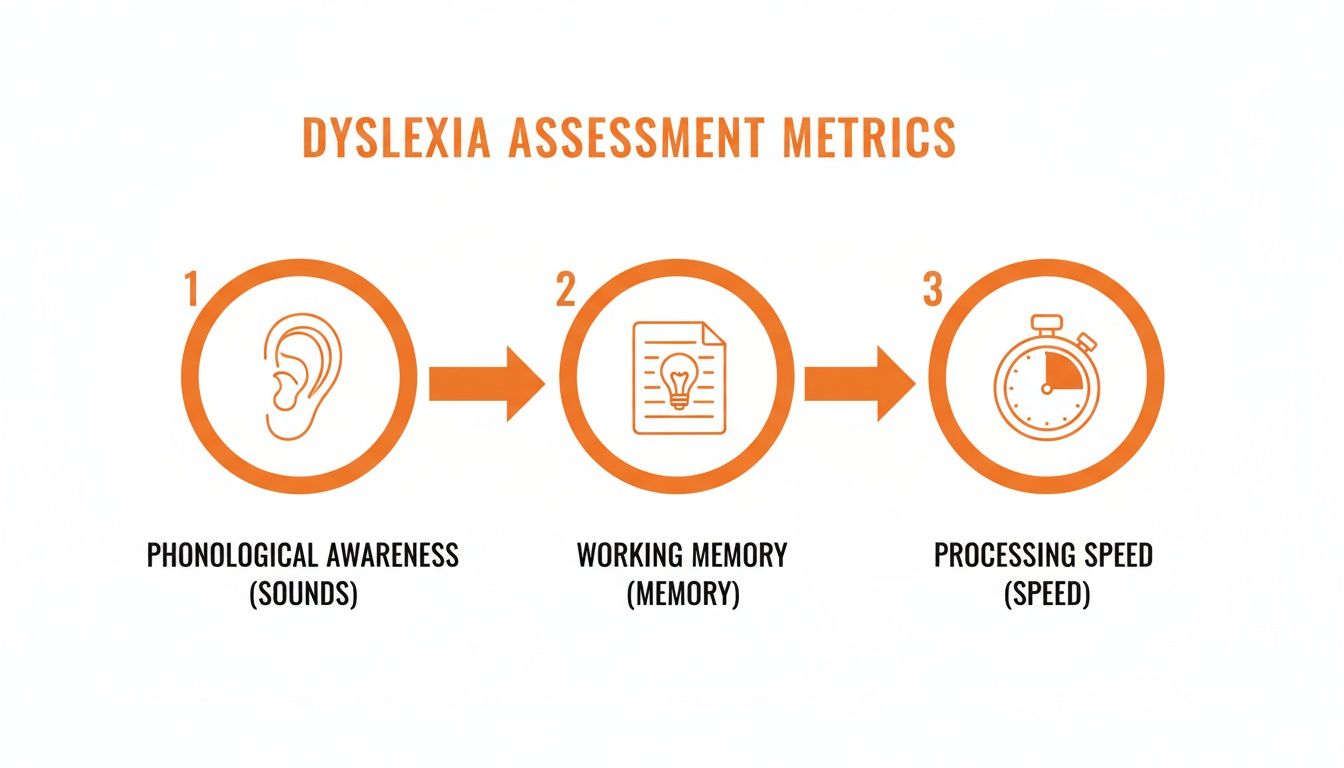 An infographic illustrating dyslexia assessment metrics: phonological awareness, working memory, and processing speed.