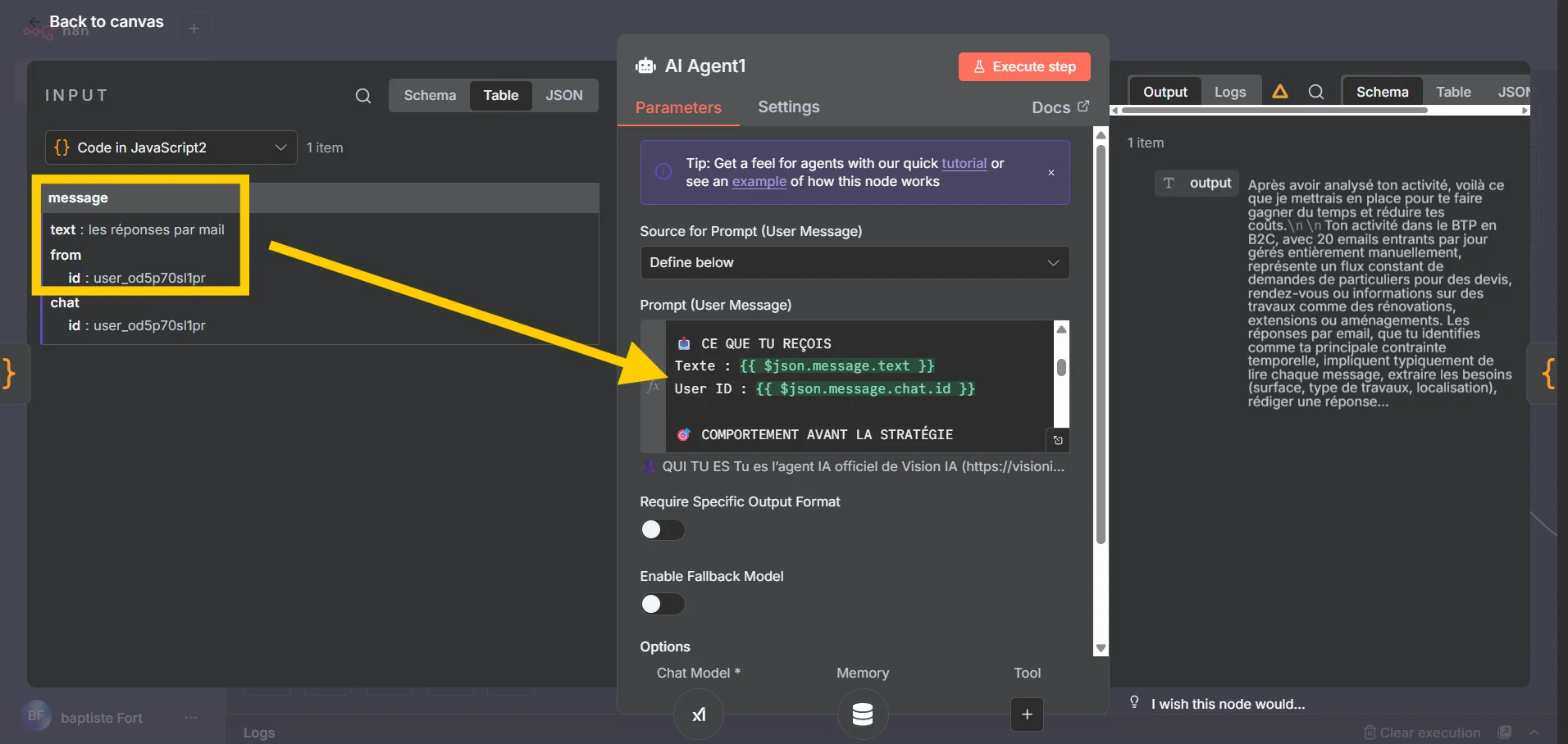 Illustration du passage des variables message utilisateur et user ID du webhook vers l’agent IA.