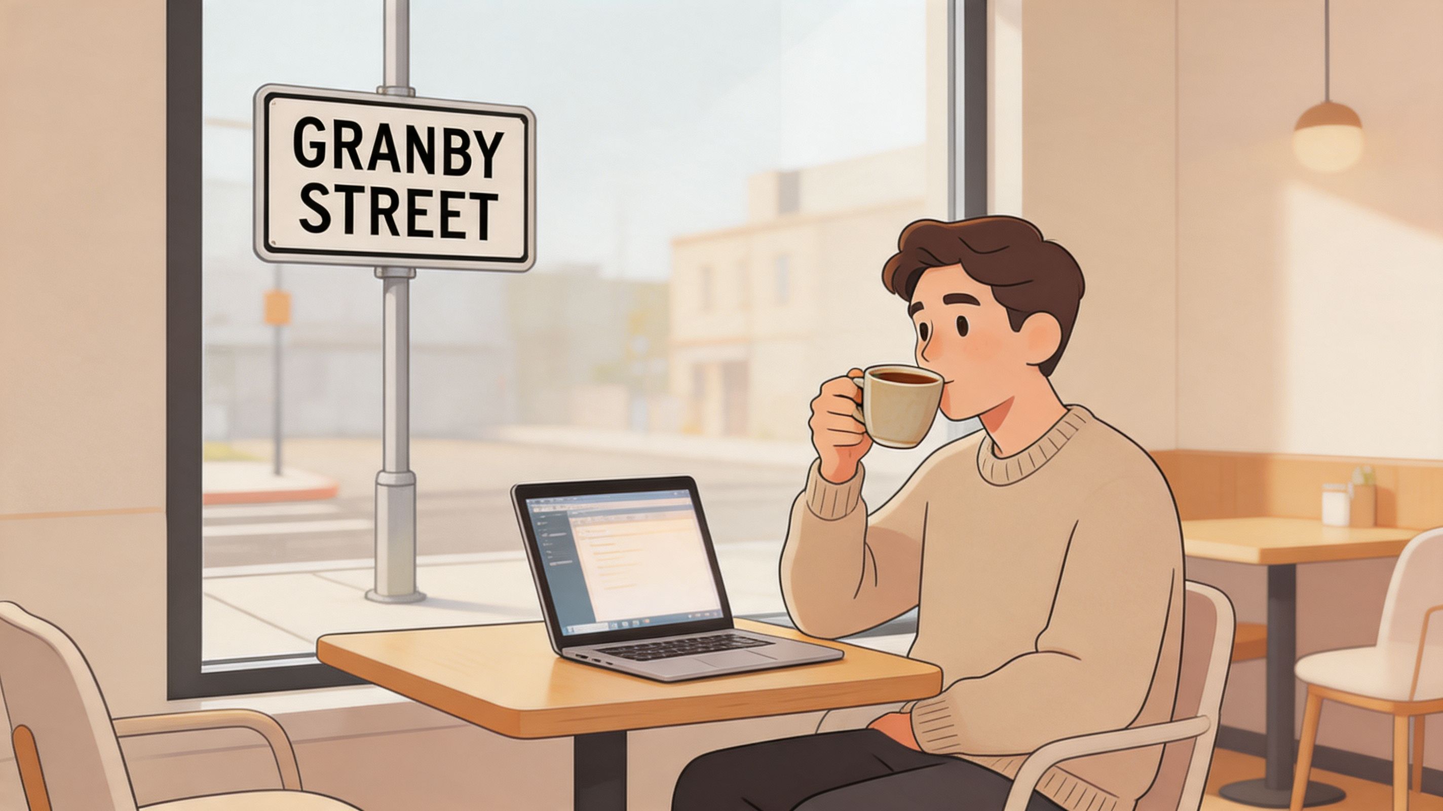 A young man sitting at a cafe table with a laptop while drinking coffee by a window.