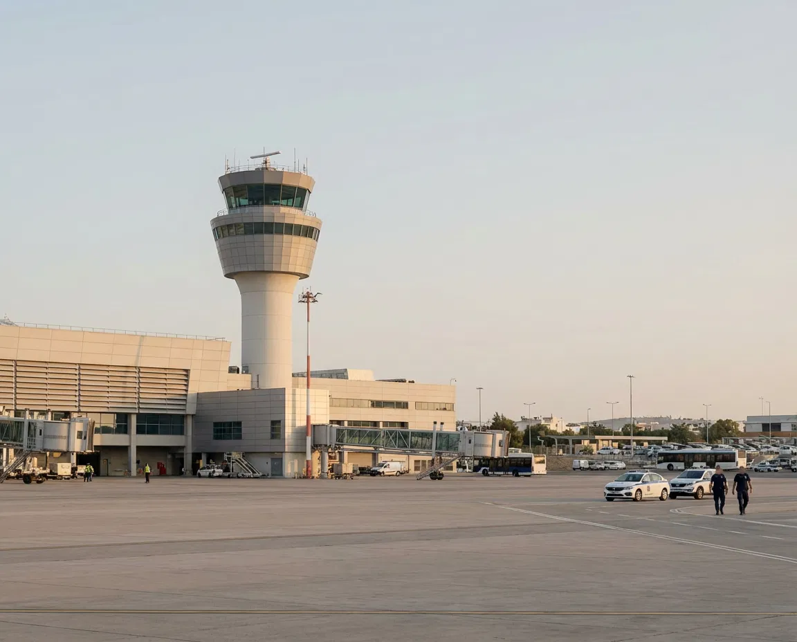 Exterior view of Athens’ Eleftherios Venizelos Airport with subtle distant police presence.
