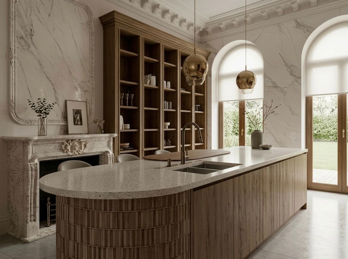 Terracotta wall interior with wooden architectural elements and dramatic natural light.