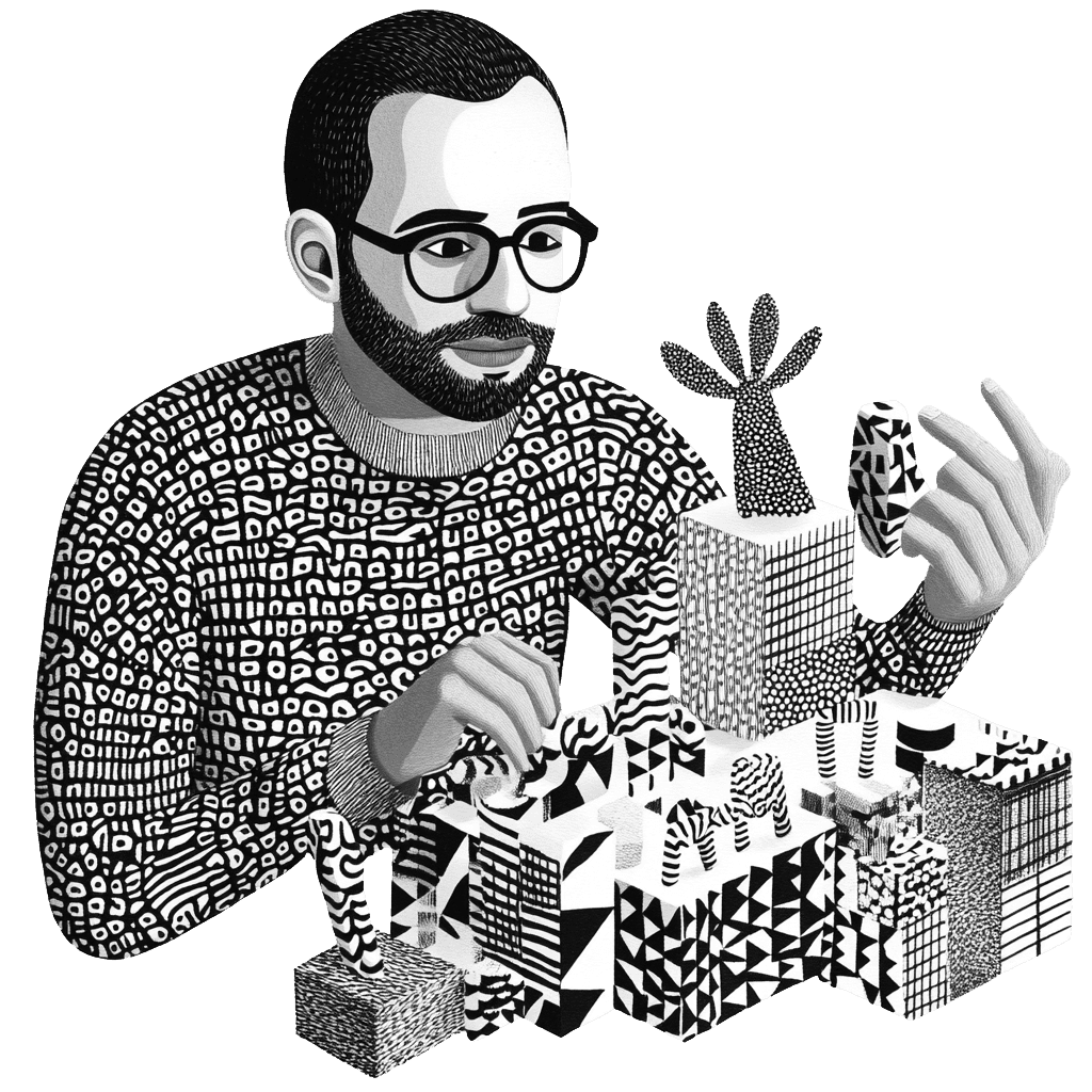 Illustration of a man with glasses holding geometric shapes, in black and white style, with graphic patterns on a blue background.