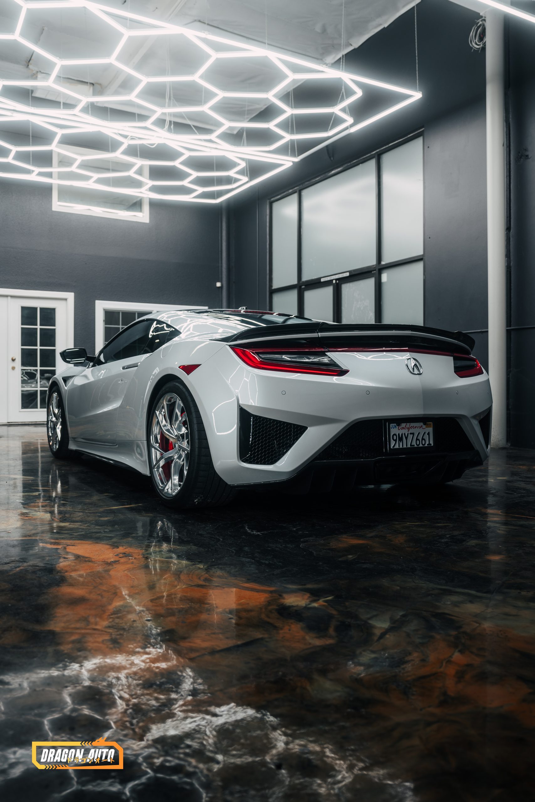 Rear three-quarter view of a white Acura NSX with Icon Rocklear permanent paint protection, Dragon Auto Milpitas