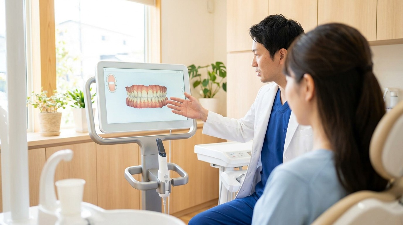 A dentist reviews a 3D digital scan of a patient's teeth on a chairside monitor in a bright office.