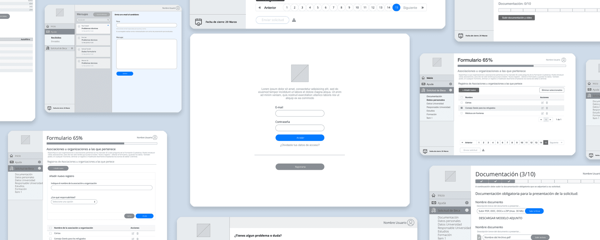 Interfaz de usuario para formularios y solicitudes en línea, mostrando opciones de mensajería, documentación y progreso de formularios Fundación Botín