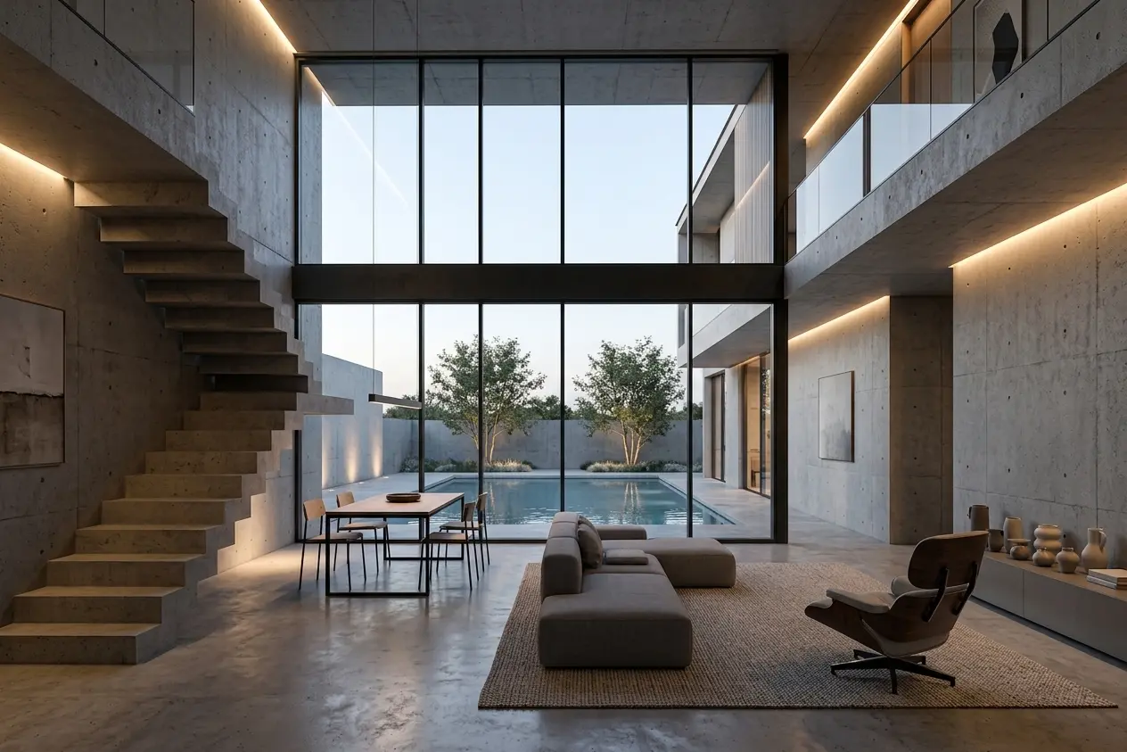 Concrete residence with reflective water